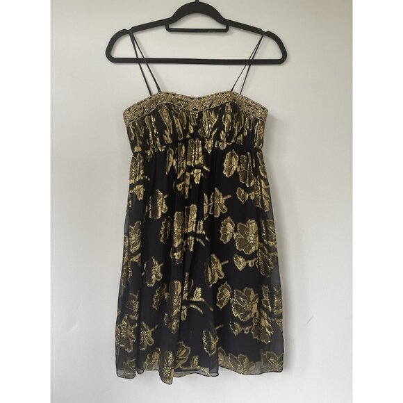 Cache Strapless Cocktail Dress Womens 4 Black Gold Floral Brocade Sequin Silk Pa - Picture 10 of 12